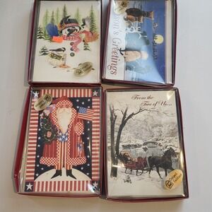 Vintage Christmas Cards Lot 4 Boxes 2004 Snowman Americana Sleigh Holiday Cards